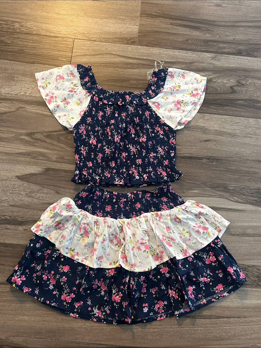 Girls' Navy Floral Smocked Two-Piece Set with Pink Accents